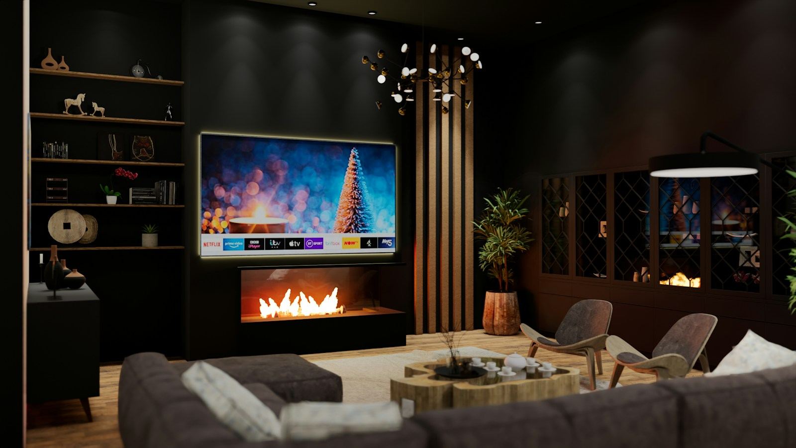 Living room with a lit media wall, fireplace, and accent lighting